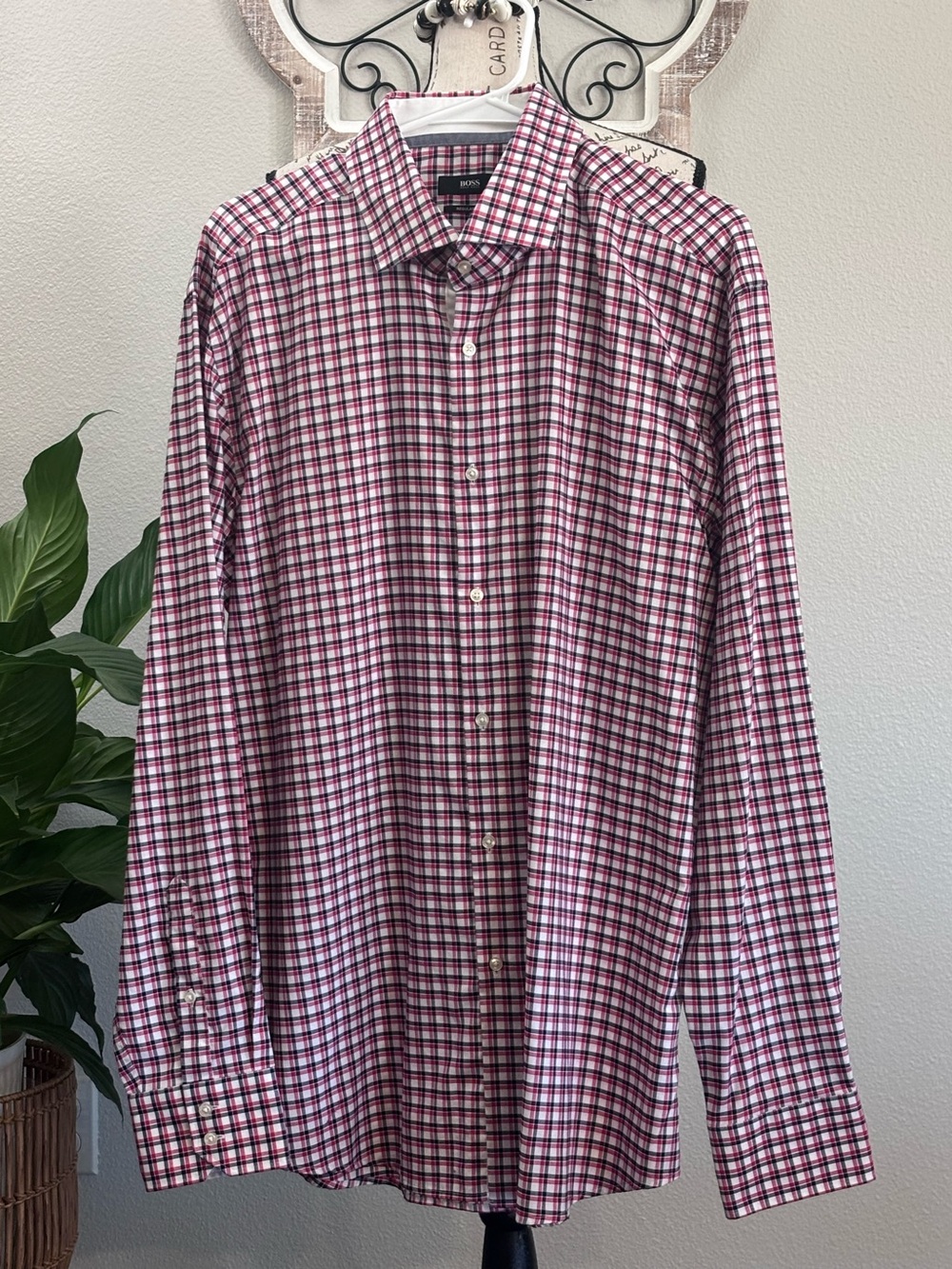 Hugo Boss Men's Red and White Checked Dress Shirt Size 18